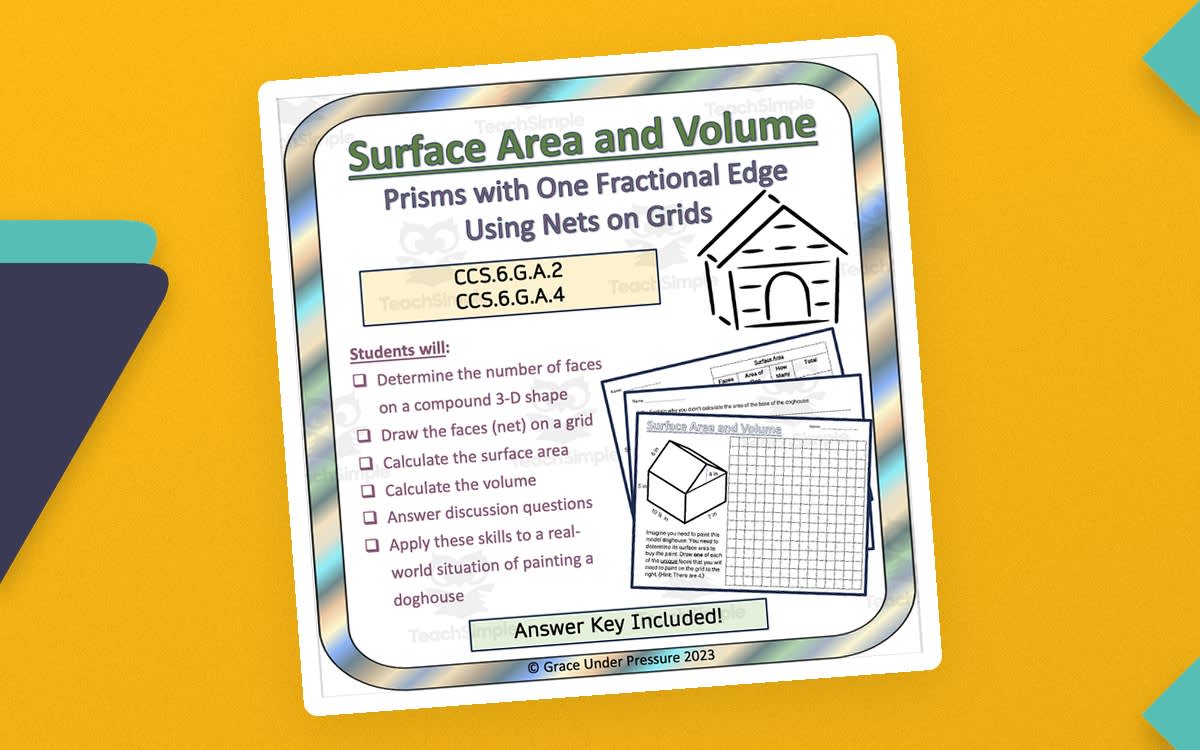 An educational teaching resource from Grace Under Pressure entitled Volume and Surface Area Worksheet - Doghouse Math downloadable at Teach Simple.
