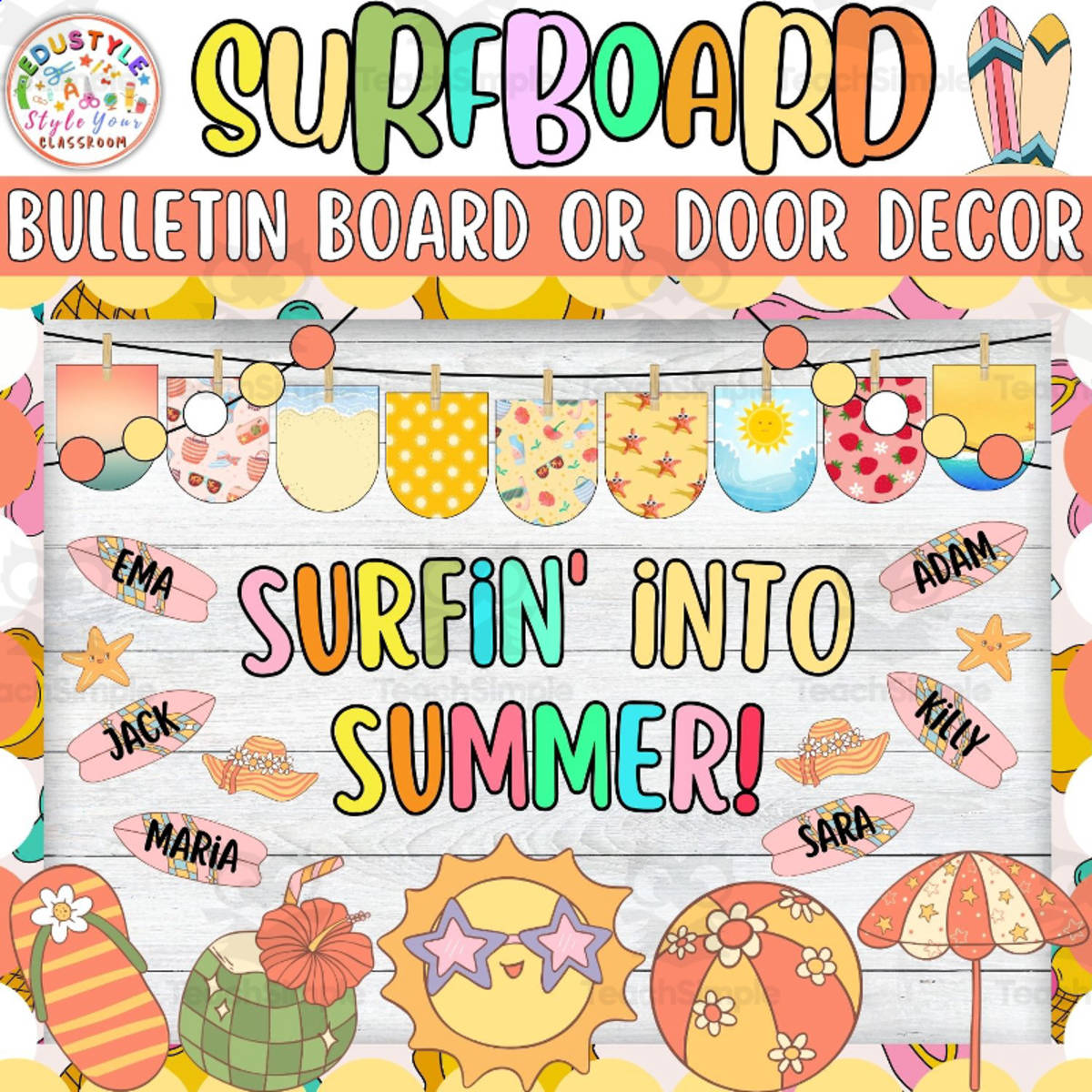An educational teaching resource from Style Your Classroom entitled Surfin' Into Summer!: surfboard Summer Bulletin Board & Door Decor downloadable at Teach Simple.