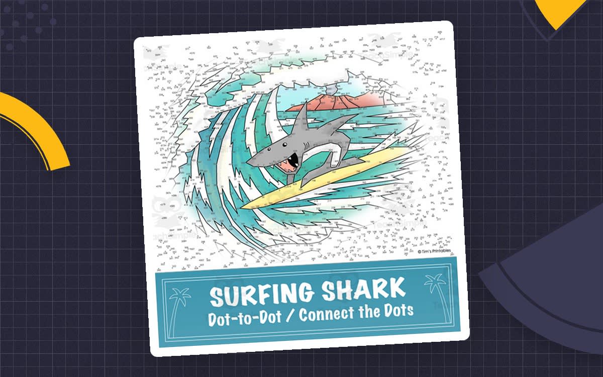 An educational teaching resource from Tim's Printables entitled Surfing Shark Extreme Difficulty Connect the Dots / Dot-to-Dot downloadable at Teach Simple.