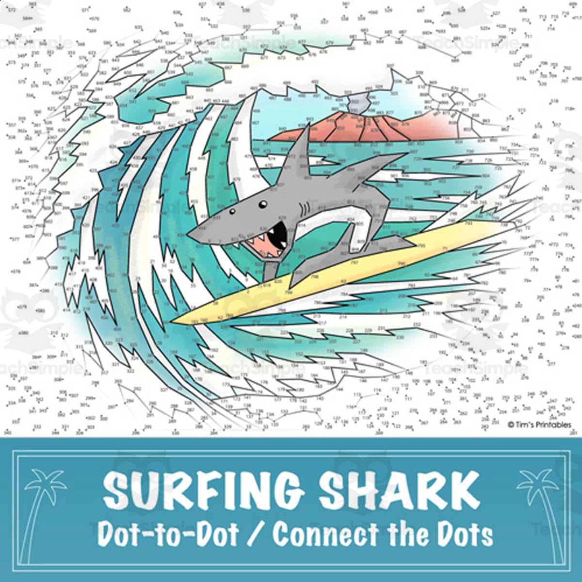 An educational teaching resource from Tim's Printables entitled Surfing Shark Extreme Difficulty Connect the Dots / Dot-to-Dot downloadable at Teach Simple.