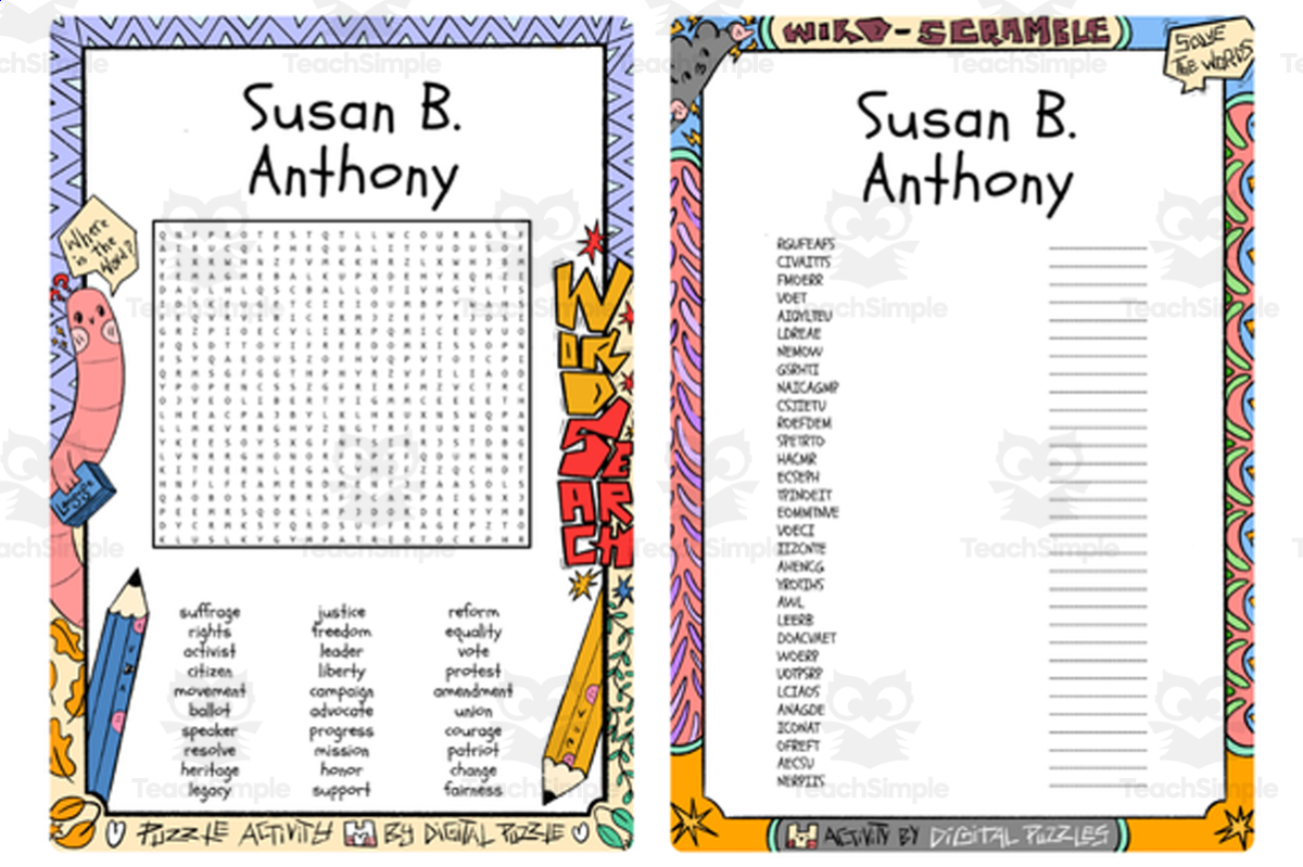 An educational teaching resource from Lapiiin Art Activities entitled Susan B. Anthony word search & scramble downloadable at Teach Simple.