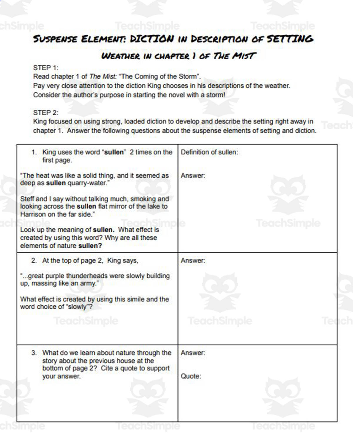 An educational teaching resource from The Red-Haired Reader entitled Suspense in Chapter 1 of Stephen King's The Mist: Diction and Setting + answers downloadable at Teach Simple.