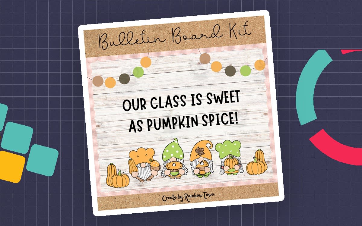 An educational teaching resource from RainbowTown entitled Sweet Pumpkin Fall Bulletin Board Kit Classroom Gnomes Door Decor downloadable at Teach Simple.