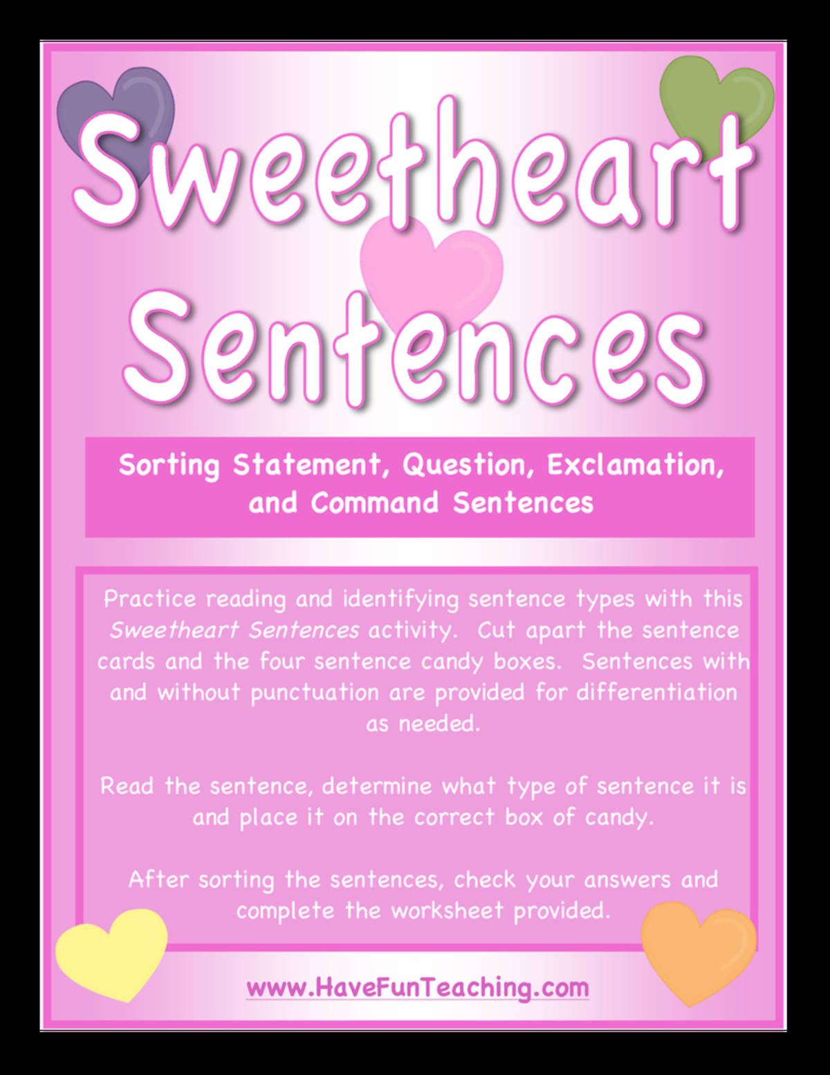 An educational teaching resource from Have Fun Teaching entitled Sweetheart Sentences Activity downloadable at Teach Simple.