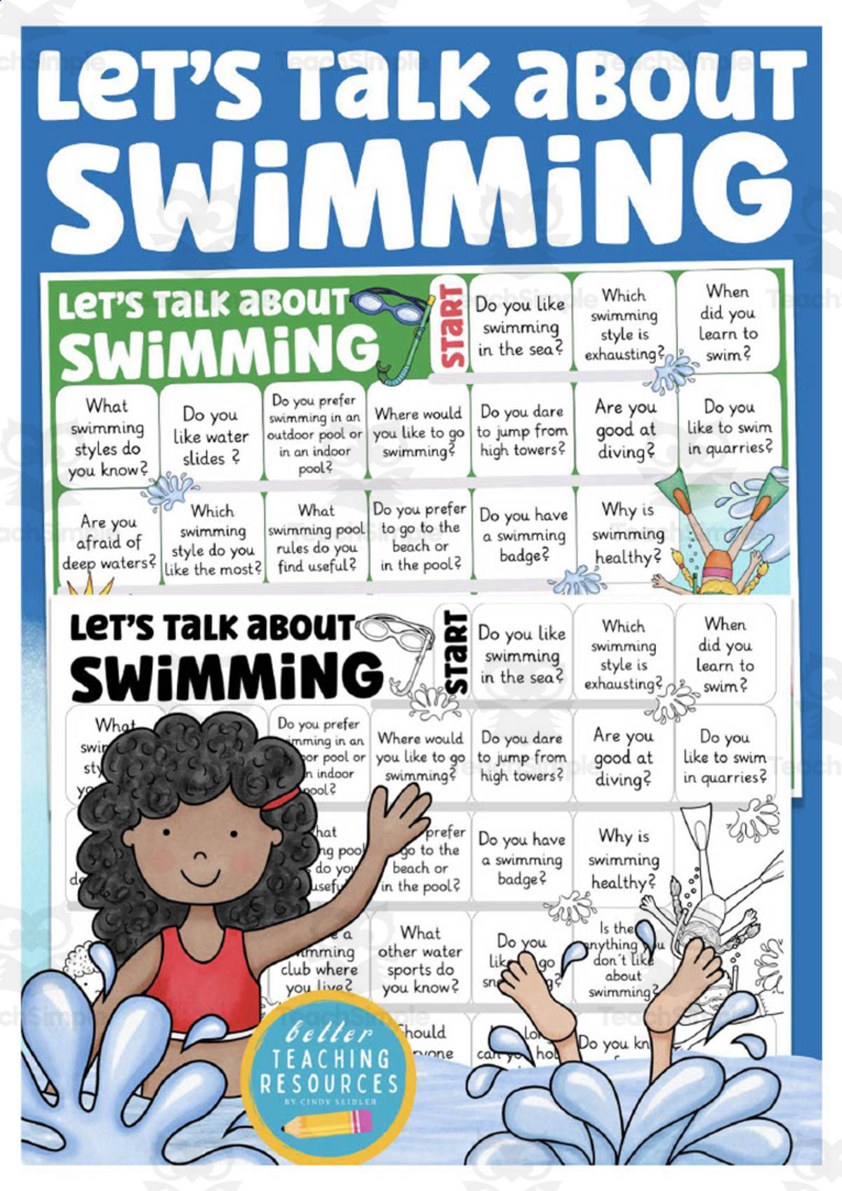 An educational teaching resource from Better Teaching Resources entitled Swimming Speaking Game downloadable at Teach Simple.