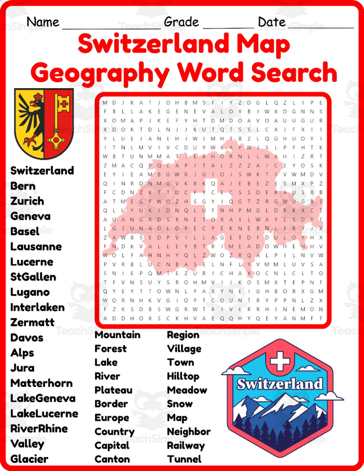 An educational teaching resource from Classsimple entitled Switzerland Map Geography Word Search 2rd 3th 4th 5th Grade worksheet downloadable at Teach Simple.