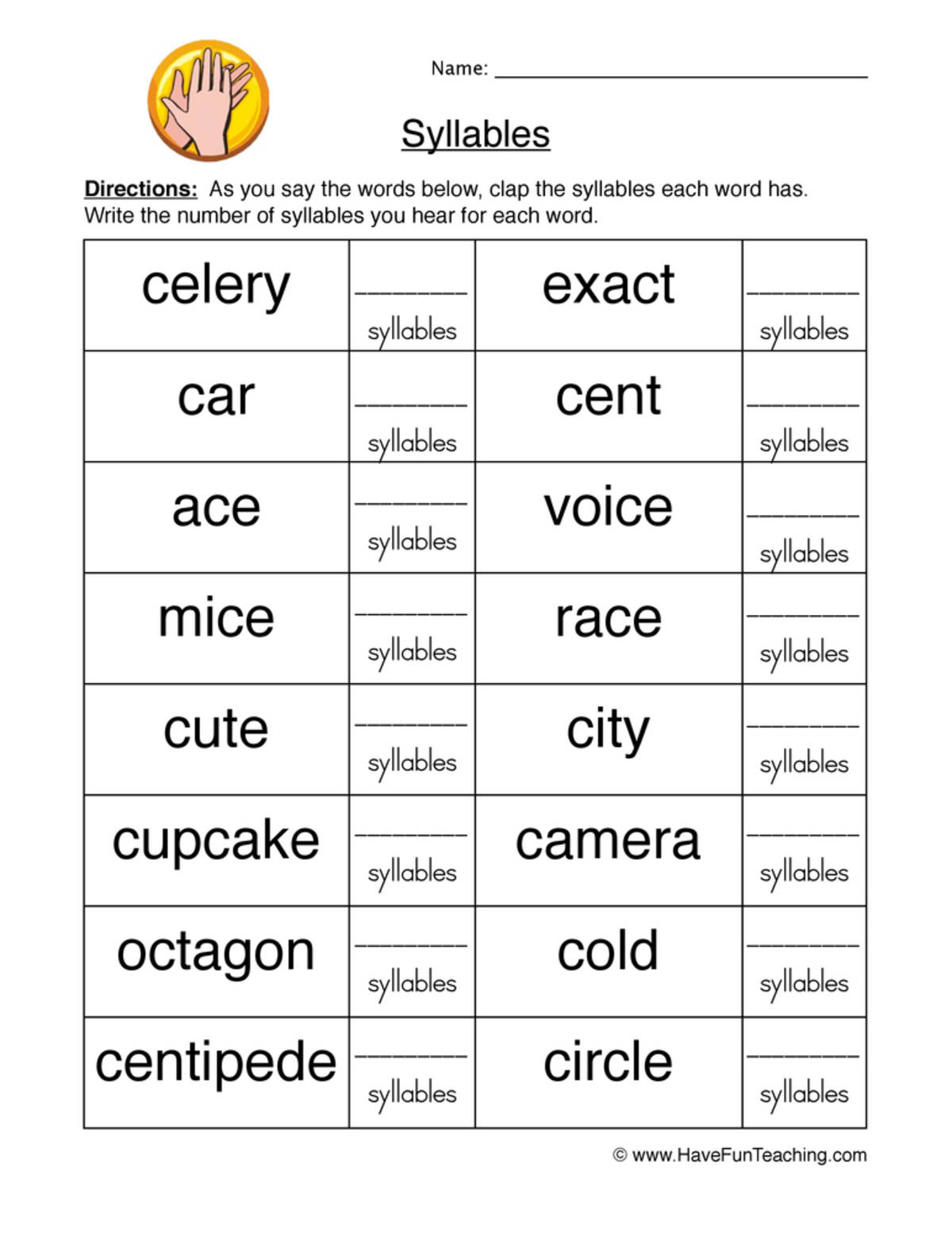 An educational teaching resource from Have Fun Teaching entitled Syllable Count Worksheet downloadable at Teach Simple.