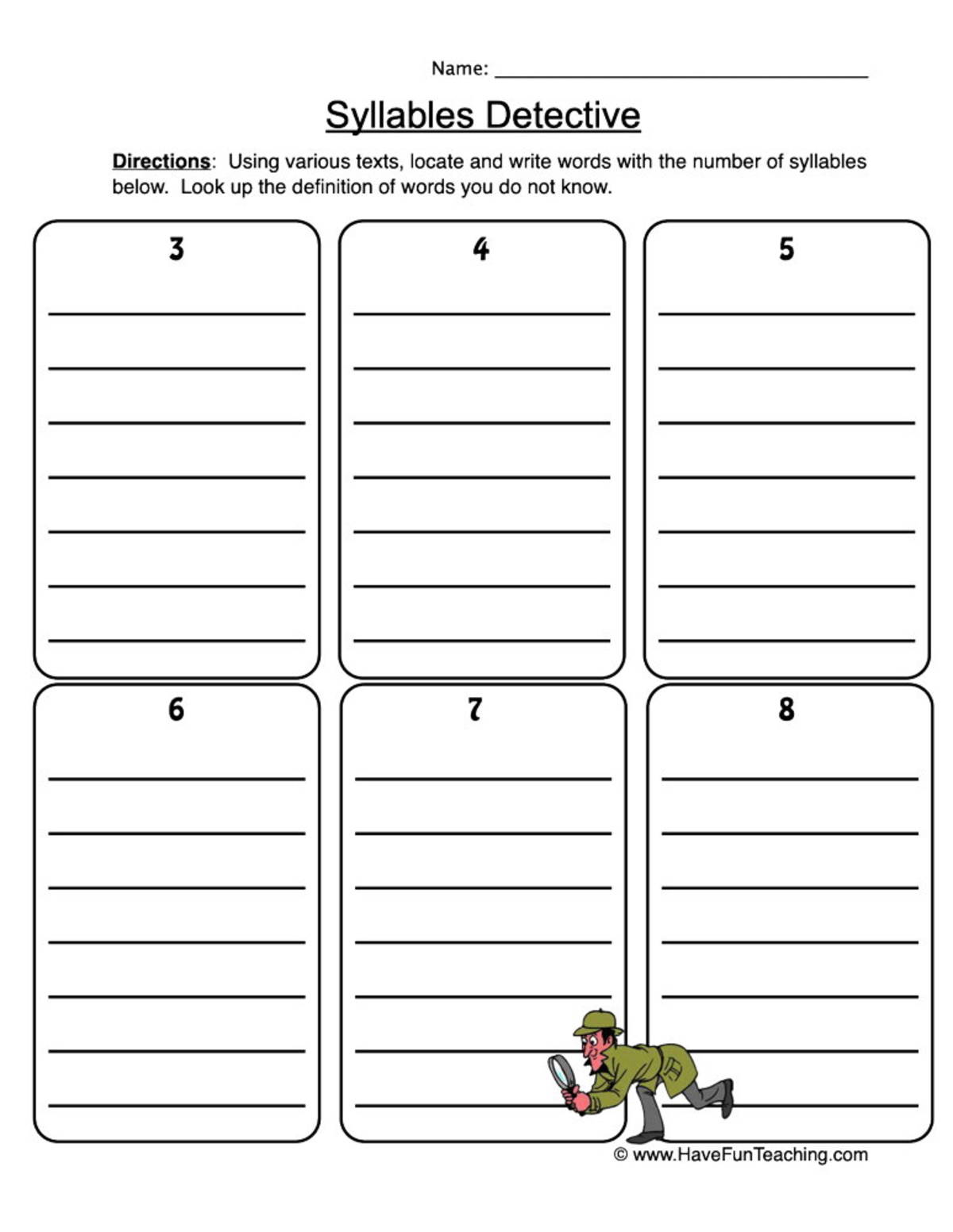 An educational teaching resource from Have Fun Teaching entitled Syllables Detective Worksheet downloadable at Teach Simple.