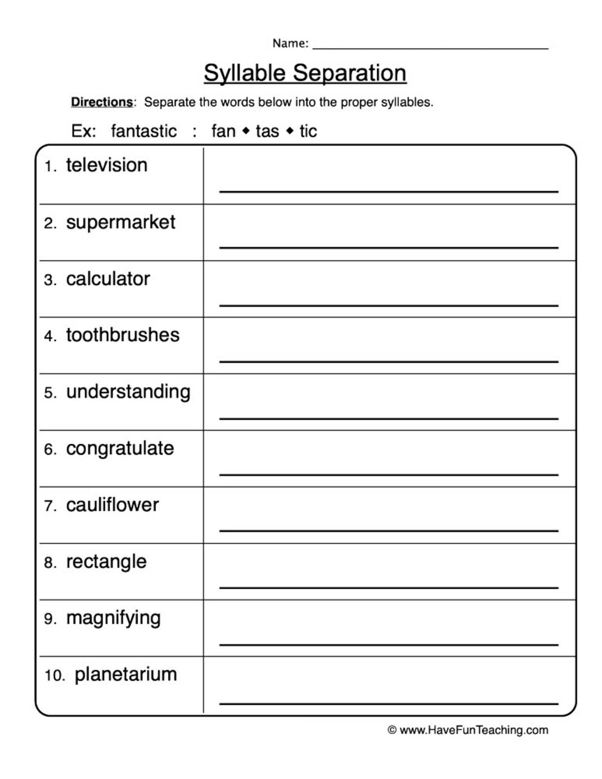 An educational teaching resource from Have Fun Teaching entitled Syllables Separation Worksheet downloadable at Teach Simple.