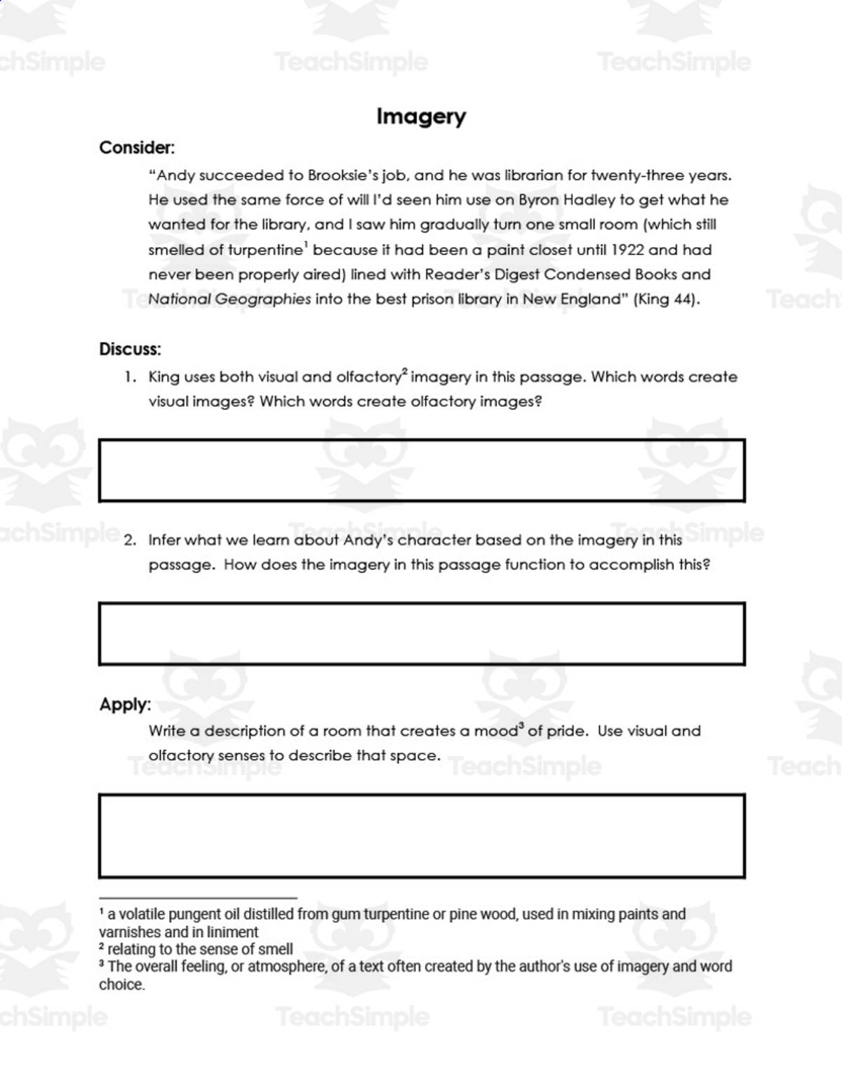 An educational teaching resource from ELA Resources entitled Symbolism, Imagery & Diction in "The Shawshank Redemption" downloadable at Teach Simple.