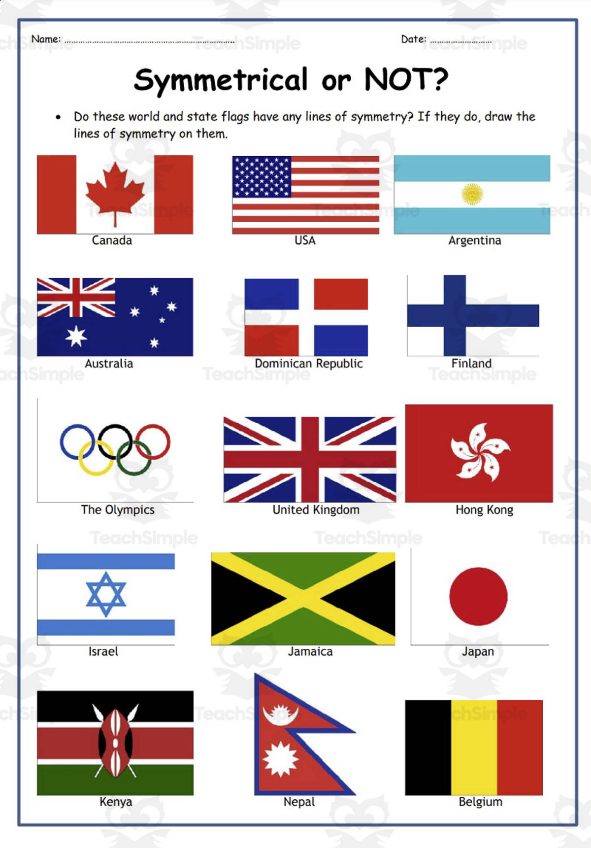 An educational teaching resource from Elementary Resources 4 U entitled Symmetry; Flags downloadable at Teach Simple.