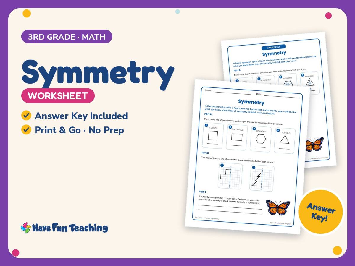 Symmetry Worksheet – 3rd Grade Geometry & Shapes Practice + Answer Key preview
