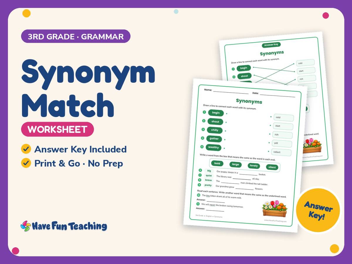 Synonym Match Worksheet – 3rd Grade Synonyms Practice + Answer Key preview
