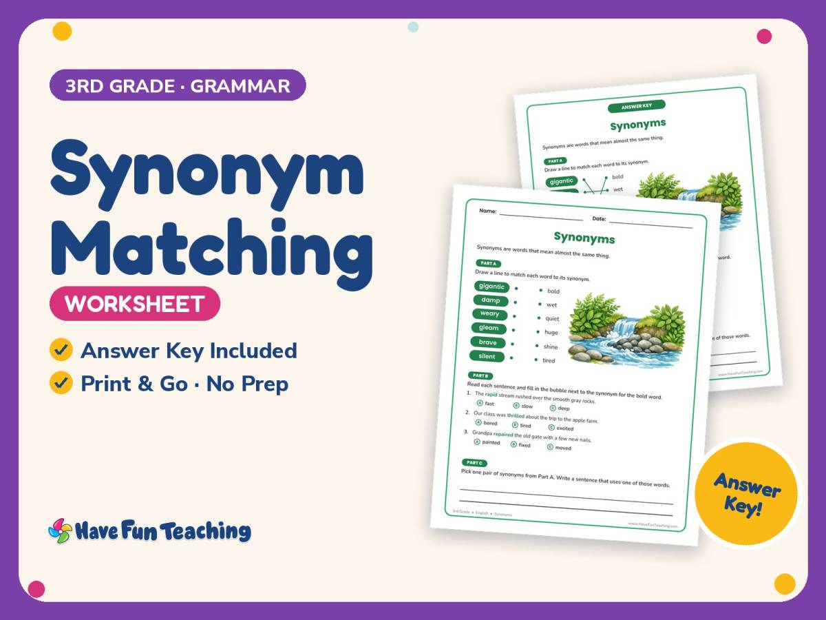 Synonym Matching Worksheet – 3rd Grade Synonyms Practice + Answer Key preview