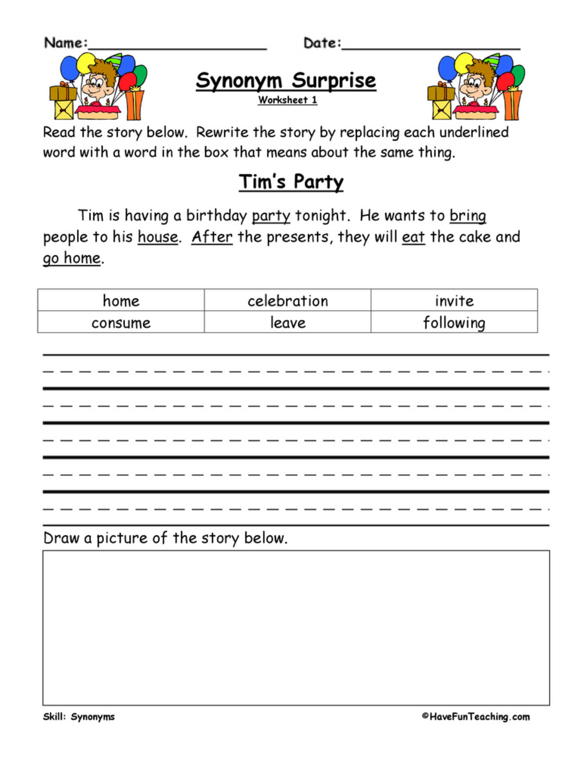 An educational teaching resource from Have Fun Teaching entitled Synonym Surprise Worksheet downloadable at Teach Simple.