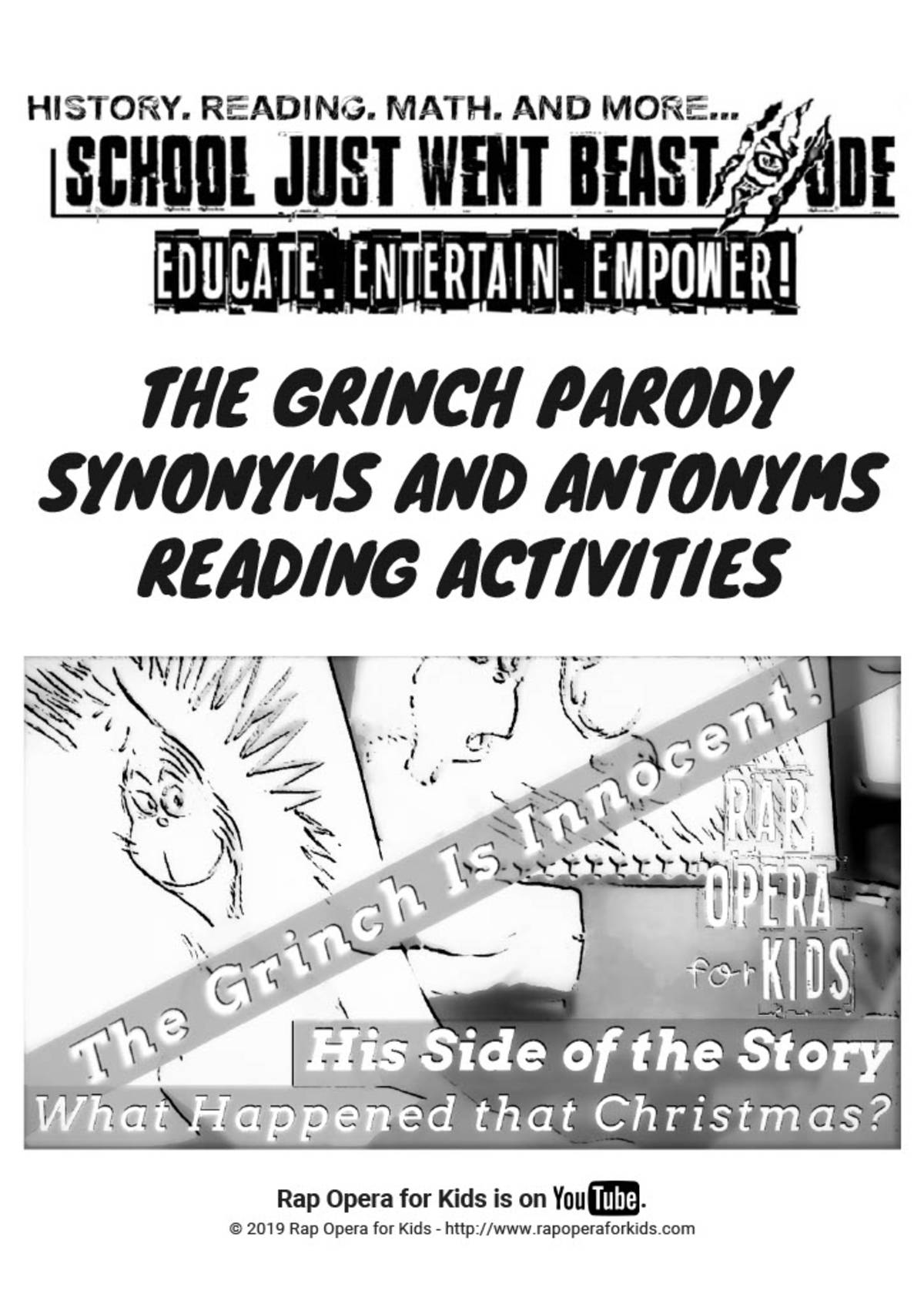 An educational teaching resource from Rap Opera for Kids! entitled Synonyms and Antonyms Activities: Grinch Parody Song | Passage with Questions downloadable at Teach Simple.