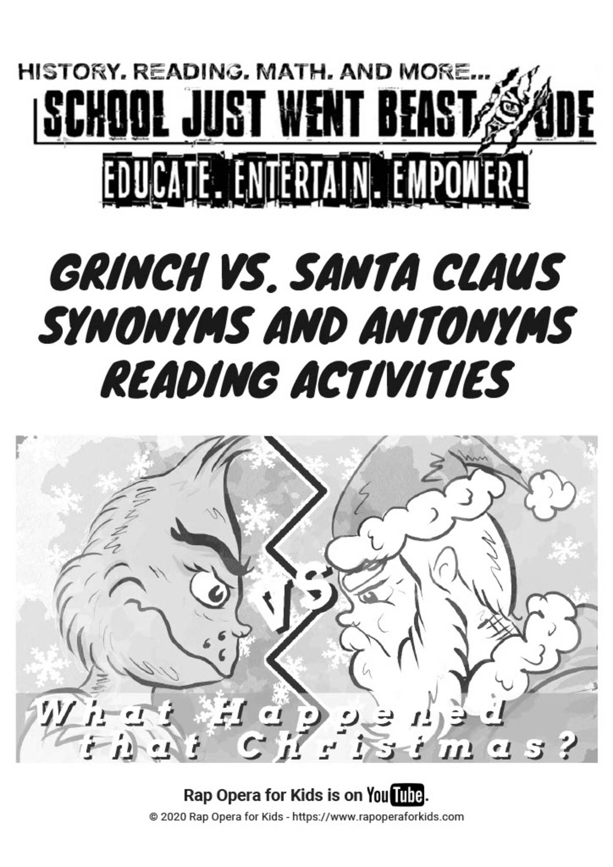 An educational teaching resource from Rap Opera for Kids! entitled Synonyms and Antonyms Activities: Grinch vs. Santa Claus | Passage with Questions downloadable at Teach Simple.