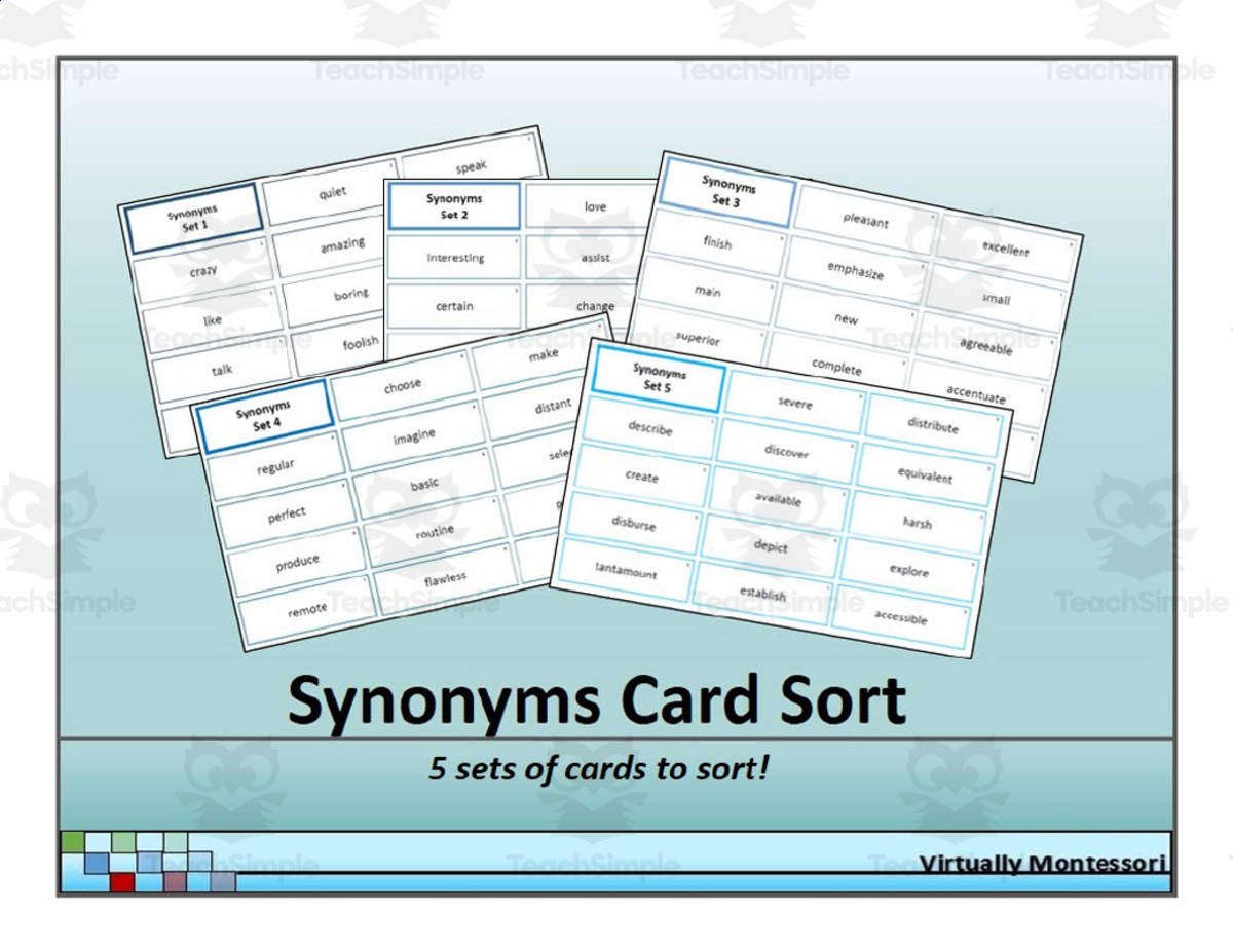 An educational teaching resource from Virtually Montessori entitled Synonyms Card Sort downloadable at Teach Simple.