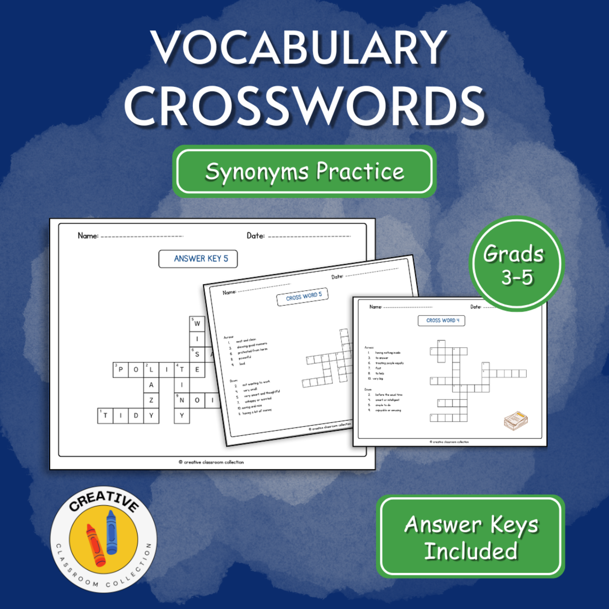 An educational teaching resource from Creative Classroom Collection entitled SYNONYMS CROSSWORDS: Vocabulary Building & Word Meaning Practice!! downloadable at Teach Simple.