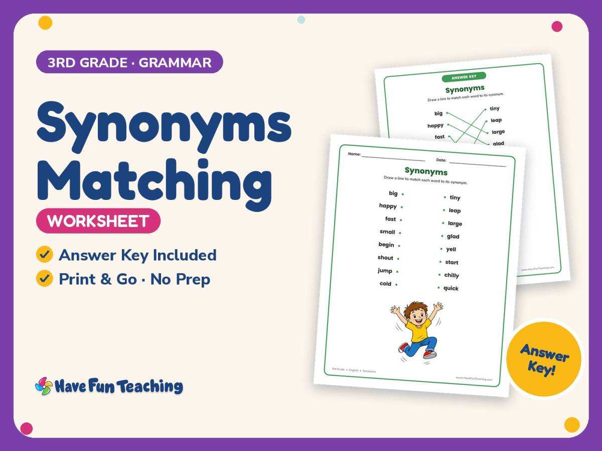 Synonyms Matching Worksheet – 3rd Grade Grammar Practice + Answer Key preview