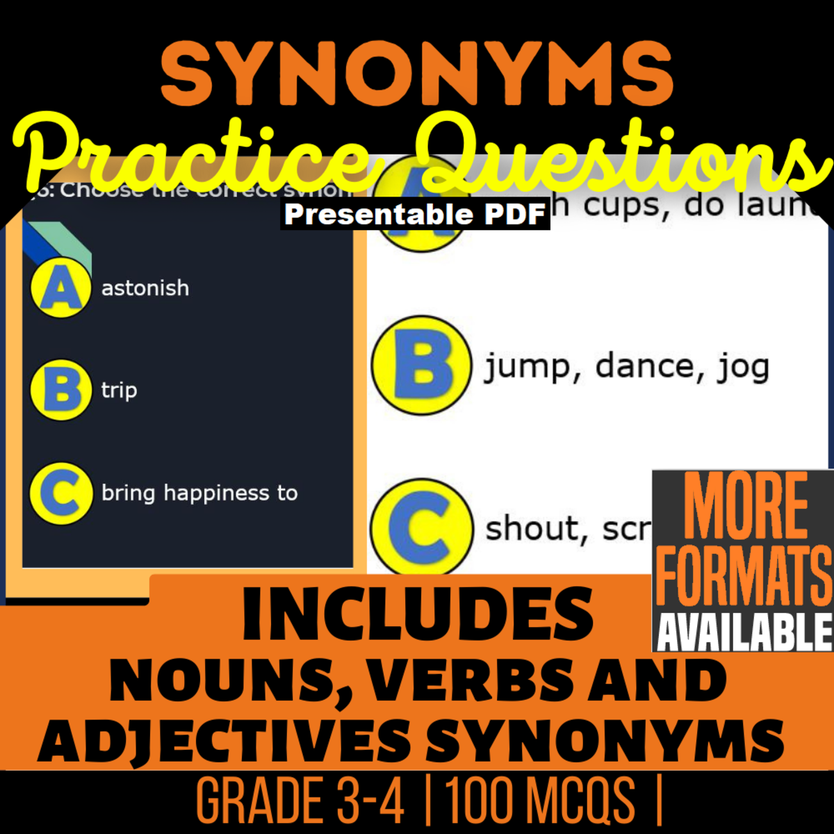 An educational teaching resource from Cored Education entitled Synonyms Practice Questions - Vocabulary Grade 3-4 (Presentable PDF) downloadable at Teach Simple.