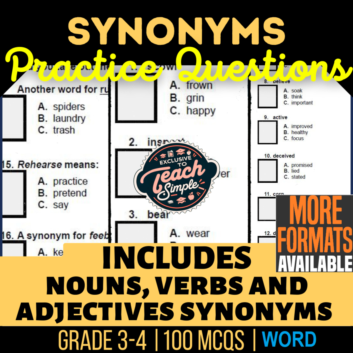 An educational teaching resource from Cored Education entitled Synonyms Practice Questions - Vocabulary Grade 3-4 (Word) downloadable at Teach Simple.