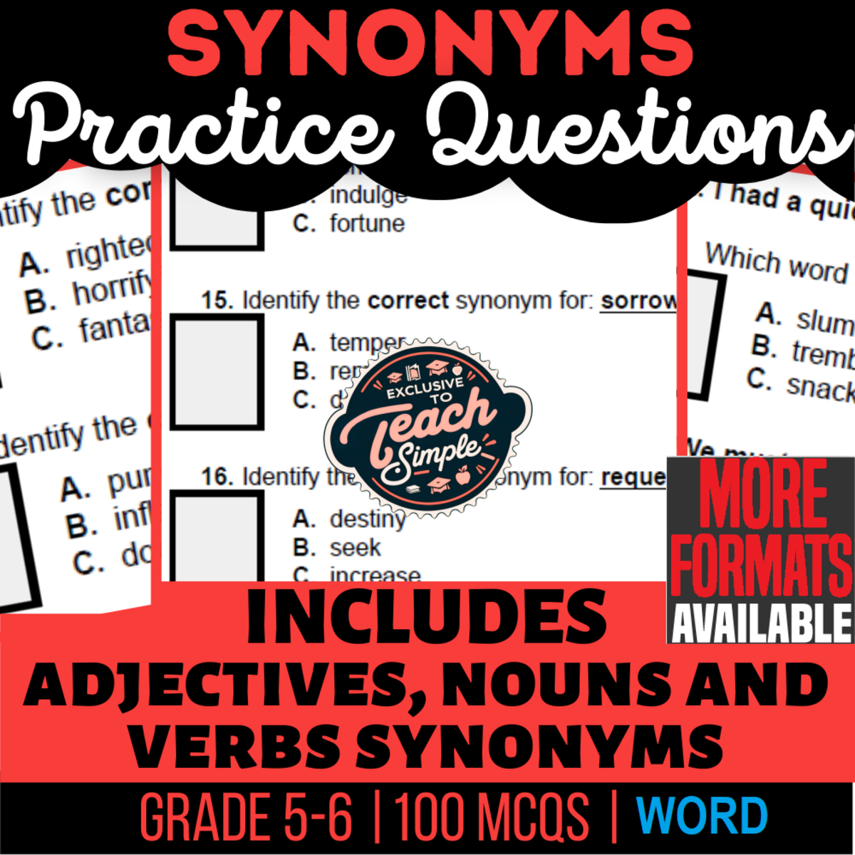 An educational teaching resource from Cored Education entitled Synonyms Practice Questions - Vocabulary Grade 5-6 (Word) downloadable at Teach Simple.