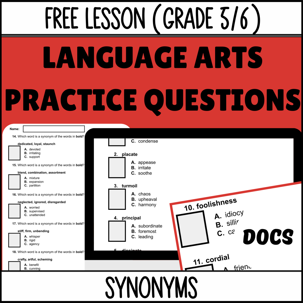 An educational teaching resource from Cored Education entitled Synonyms Sample Lesson - Vocabulary Grade 5-6 (Docs) downloadable at Teach Simple.