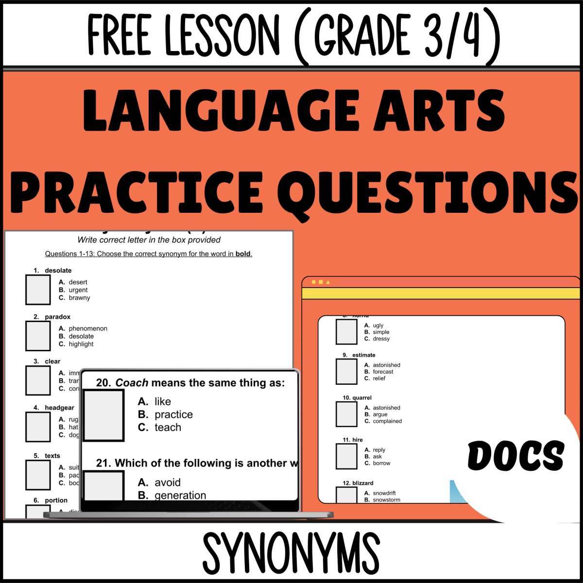 An educational teaching resource from Cored Education entitled Synonyms Sample - Vocabulary Grade 3-4 (Docs) downloadable at Teach Simple.