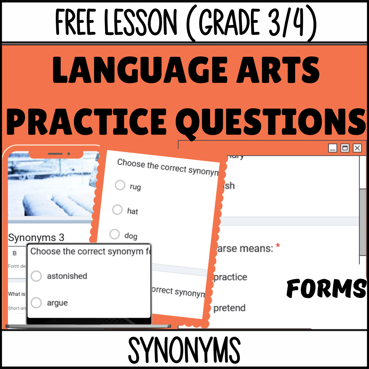 An educational teaching resource from Cored Education entitled Synonyms Sample - Vocabulary Grade 3-4 (Forms) downloadable at Teach Simple.