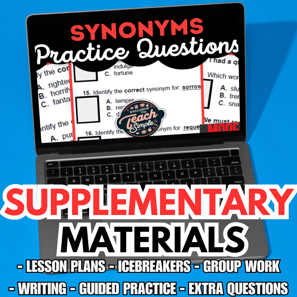 An educational teaching resource from Cored Education entitled Synonyms Supplementary Materials Grade 5-6 (PDF) downloadable at Teach Simple.