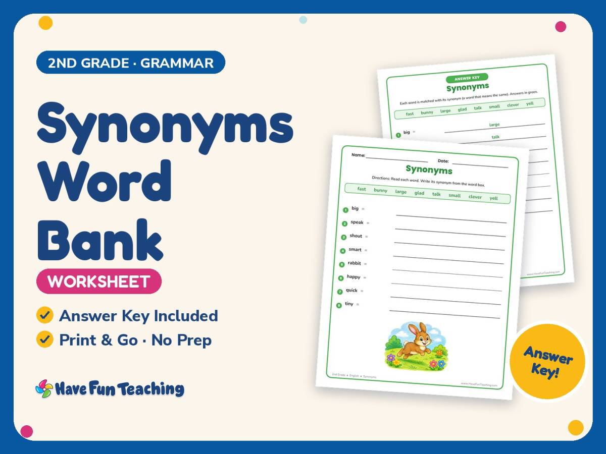Synonyms Word Bank Worksheet – 2nd Grade Grammar Practice + Answer Key preview