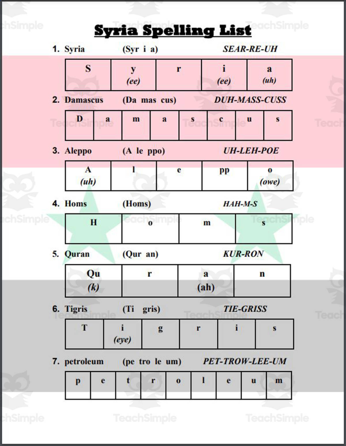 An educational teaching resource from Mr. Matthews Teacher Store entitled Syria Spelling List downloadable at Teach Simple.