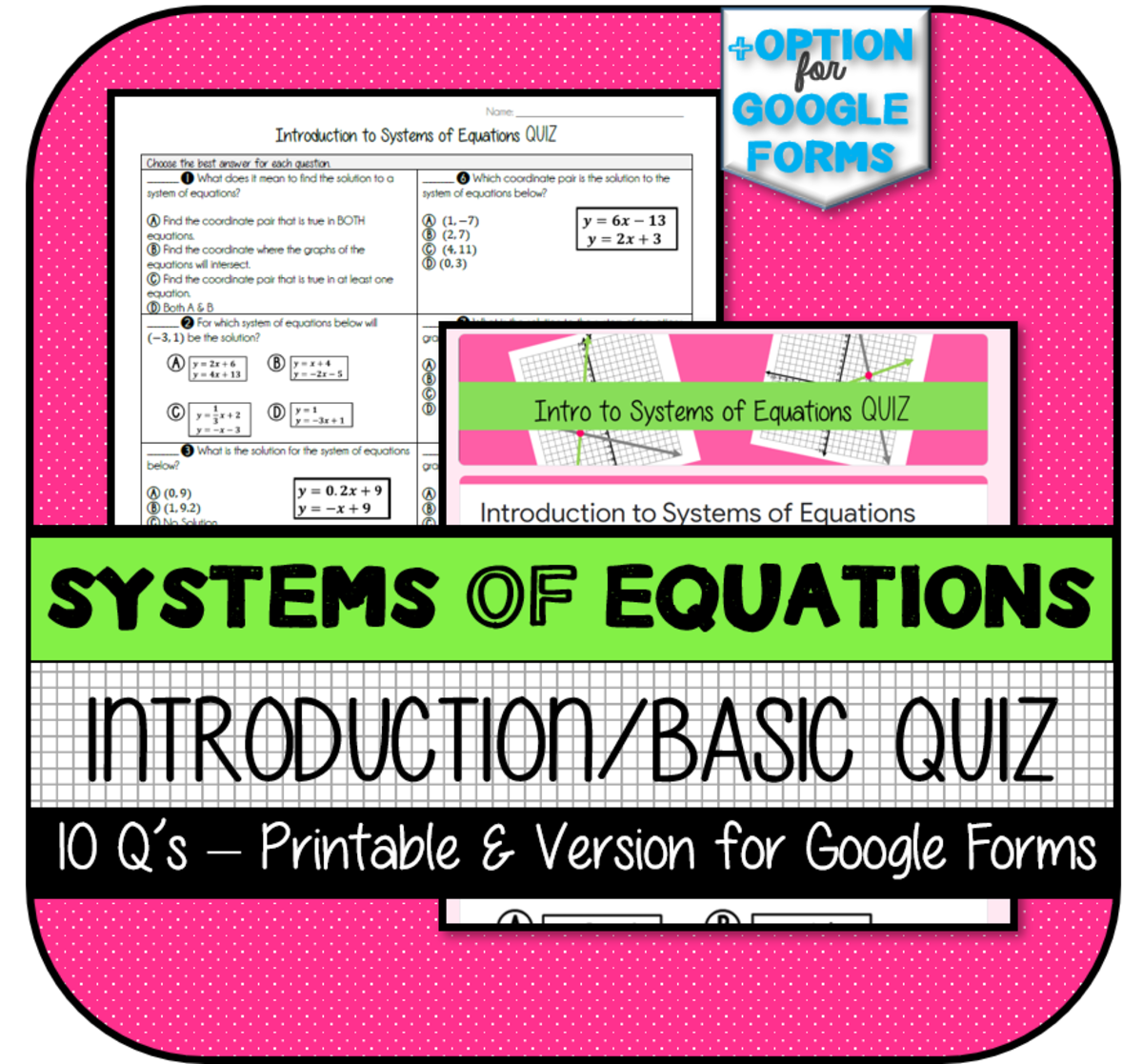 An educational teaching resource from The Math Cafe entitled System of Equations Basic Concepts QUIZ downloadable at Teach Simple.