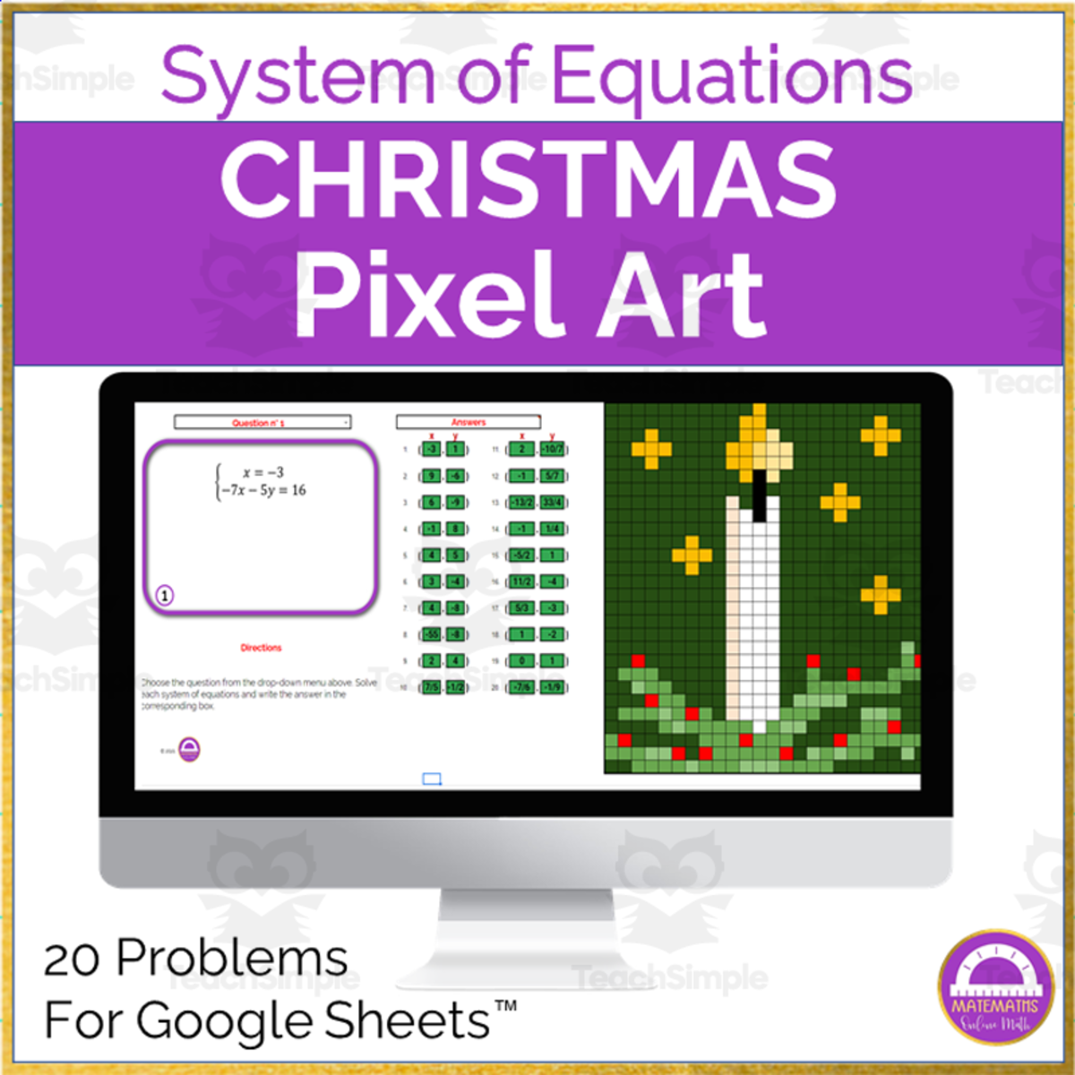 An educational teaching resource from Matemaths entitled System of Equations | Christmas Digital Activity downloadable at Teach Simple.