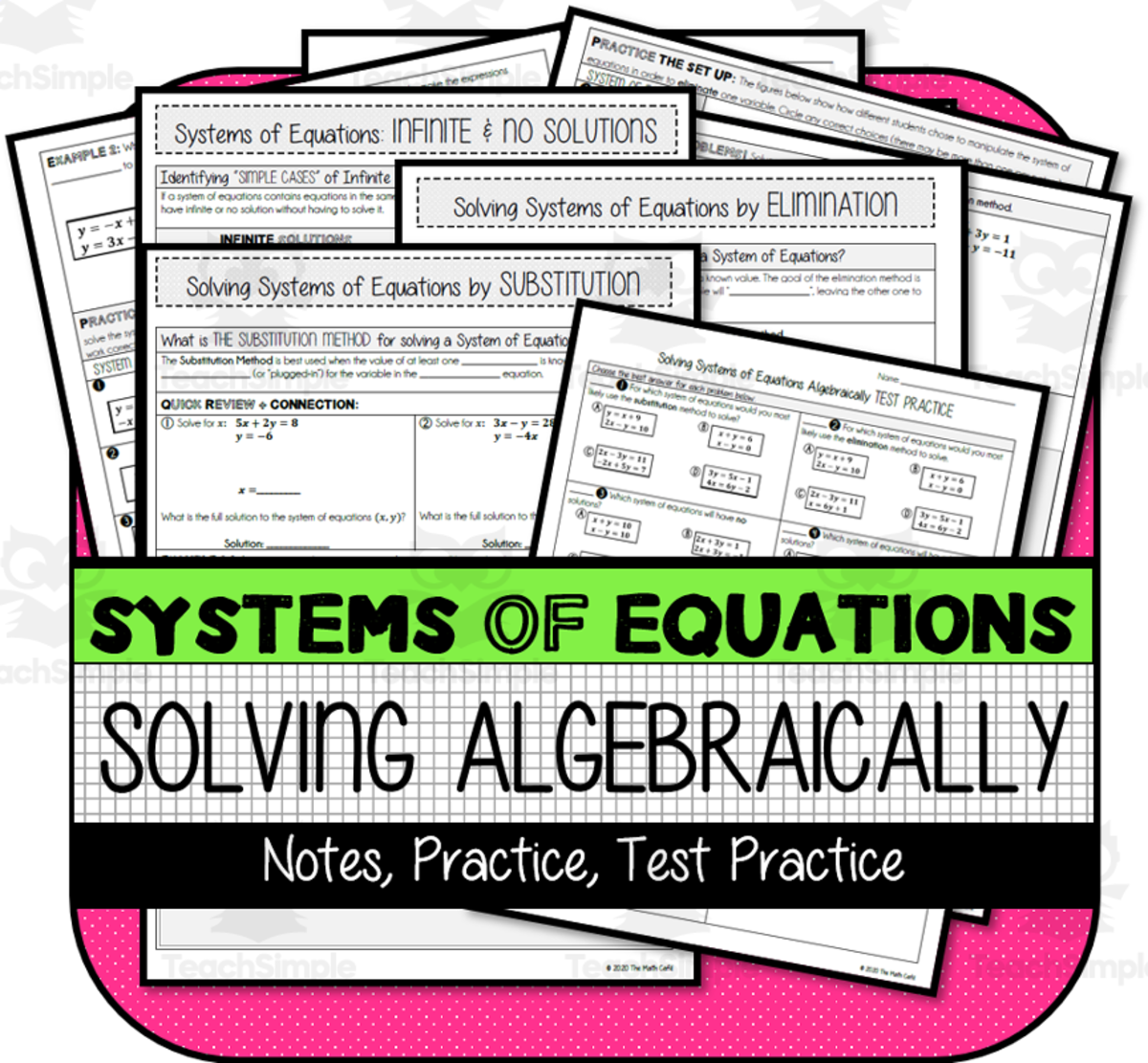 An educational teaching resource from The Math Cafe entitled Systems of Equations: Substitution & Elimination NOTES & PRACTICE downloadable at Teach Simple.