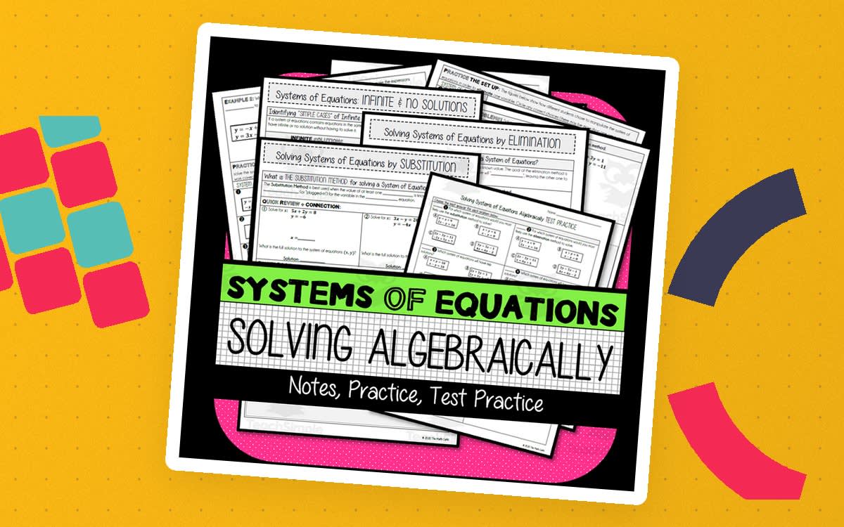 An educational teaching resource from The Math Cafe entitled Systems of Equations: Substitution & Elimination NOTES & PRACTICE downloadable at Teach Simple.