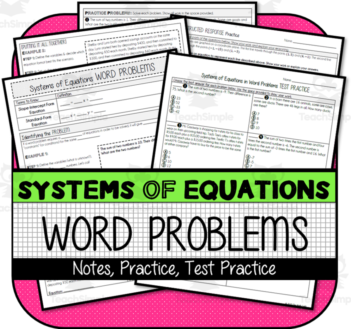 An educational teaching resource from The Math Cafe entitled Systems of Equations: Word Problems NOTES & PRACTICE downloadable at Teach Simple.