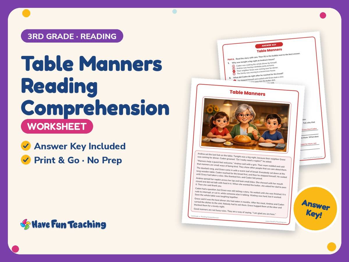 Table Manners Reading Comprehension Worksheet – 3rd Grade Practice preview