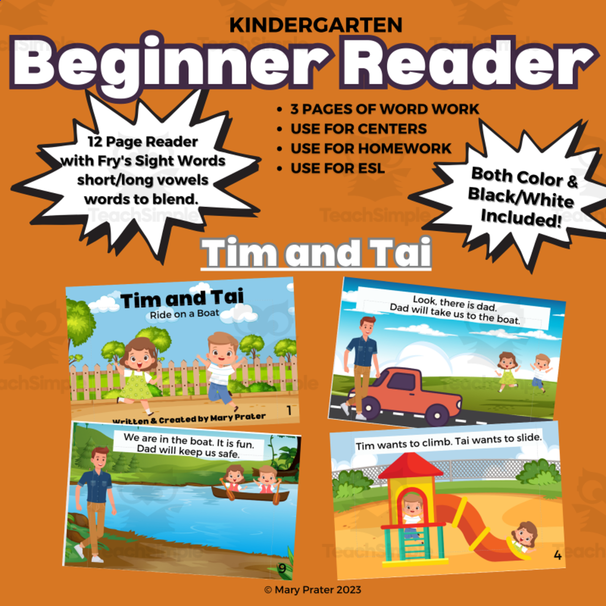 An educational teaching resource from The Kinder Lady entitled Tai and Tim: Beginner Reader - Fry Sight Words downloadable at Teach Simple.