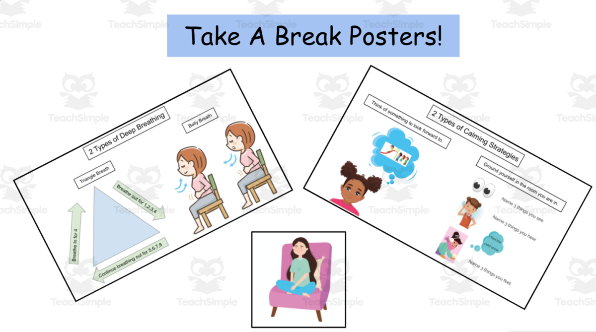 An educational teaching resource from Jennifer Moyer Taylor entitled Take A Break or Reset (Calm Down) Posters for calm down areas in the classroom downloadable at Teach Simple.