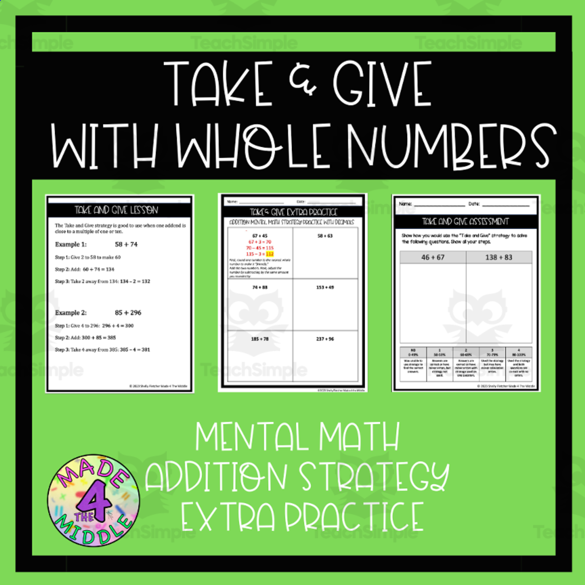 An educational teaching resource from Made 4 The Middle entitled Take & Give Whole Number Addition downloadable at Teach Simple.
