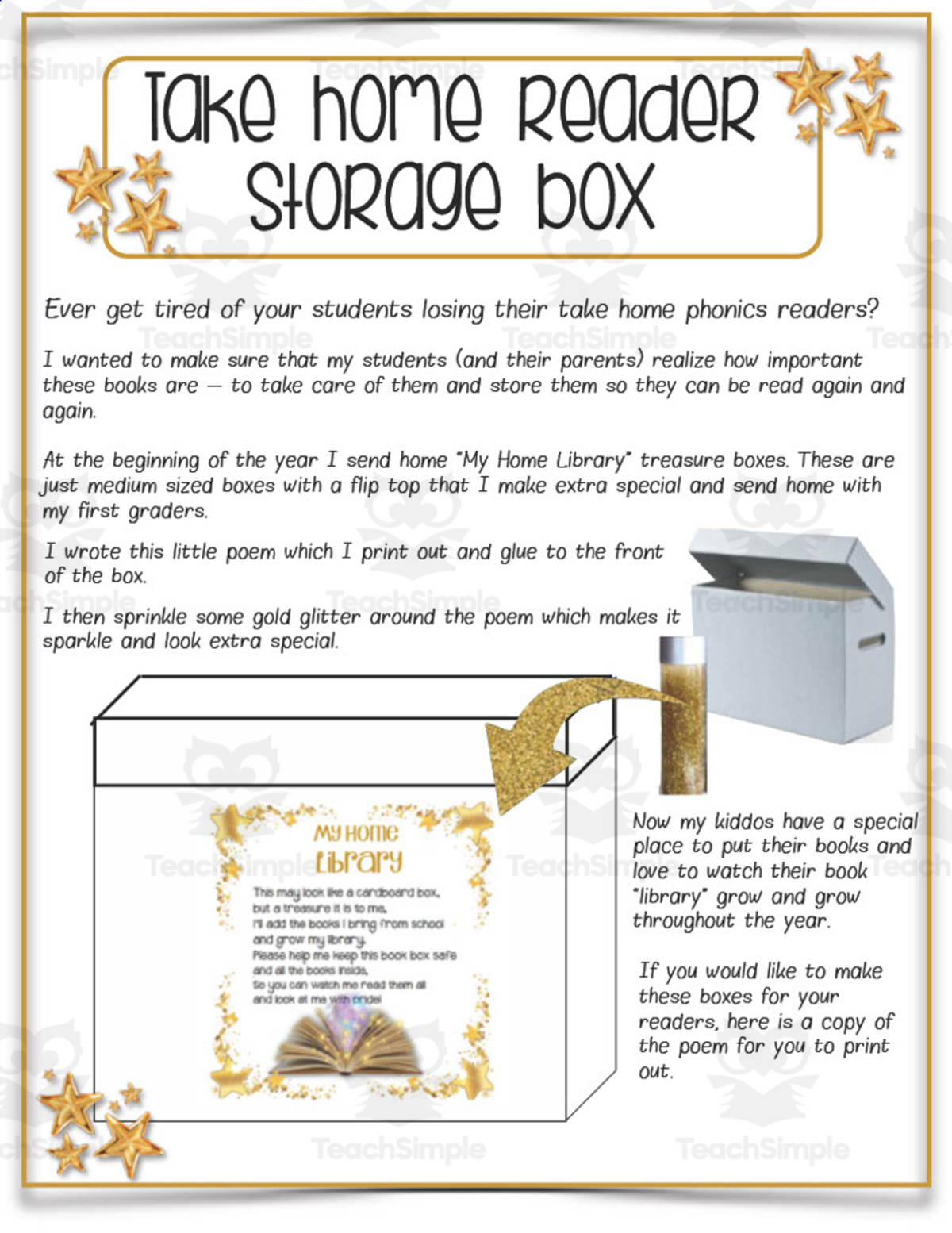 An educational teaching resource from Easy Peasy Primary Resources entitled Take-Home Reader Storage Box downloadable at Teach Simple.