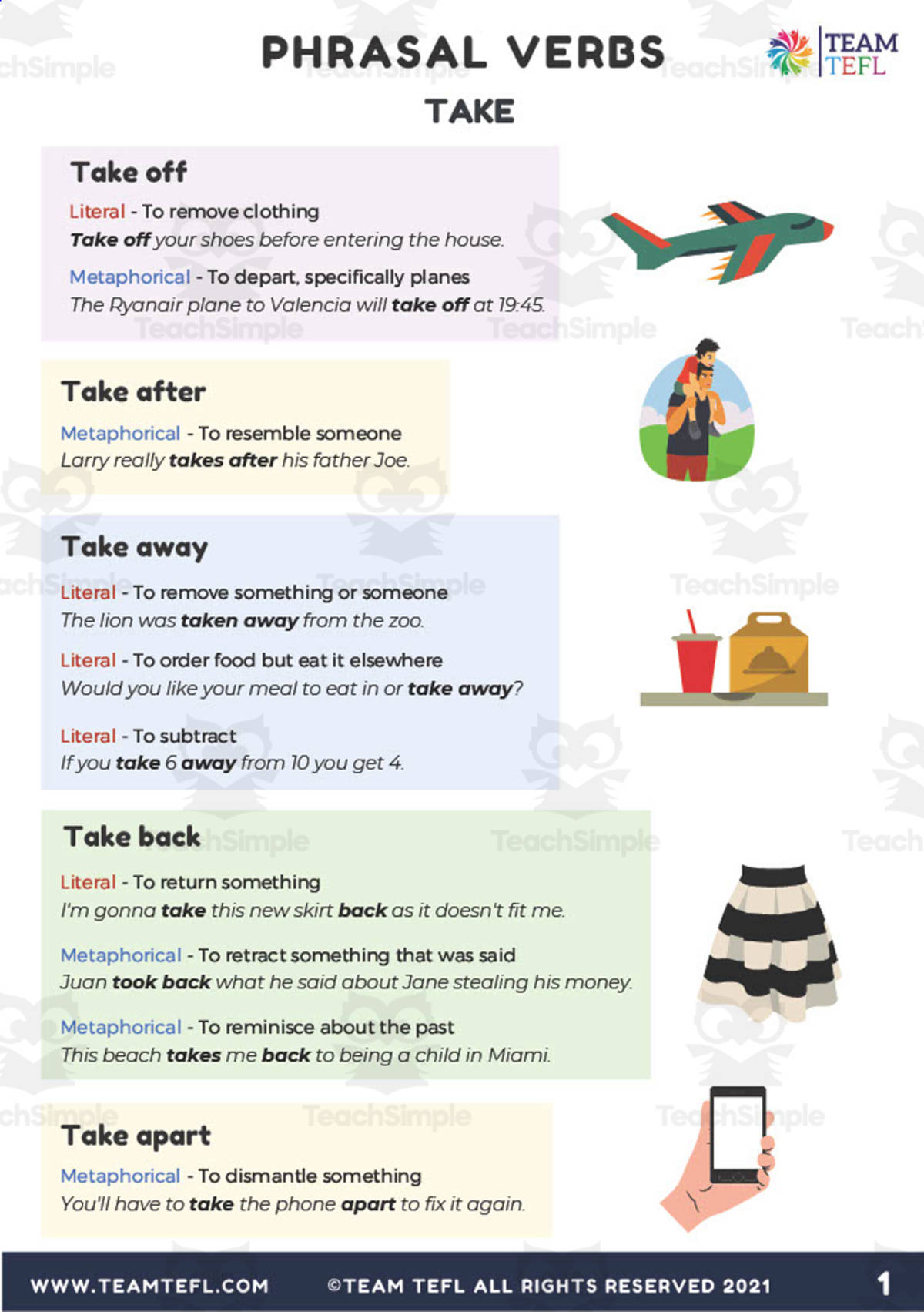 An educational teaching resource from TEAM TEFL entitled Take | Phrasal Verbs Exercises downloadable at Teach Simple.