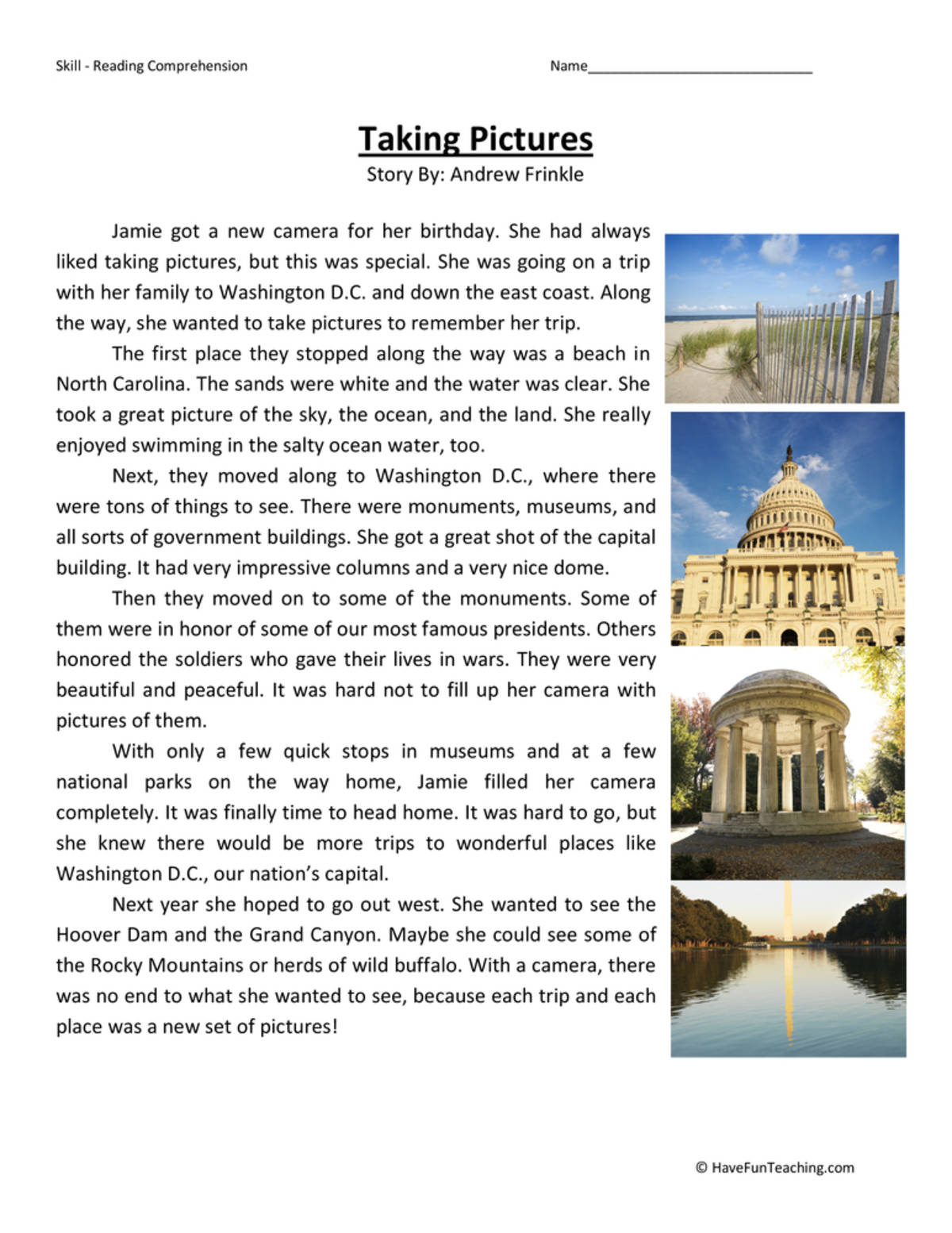 An educational teaching resource from Have Fun Teaching entitled Taking Pictures Reading Comprehension Worksheet downloadable at Teach Simple.