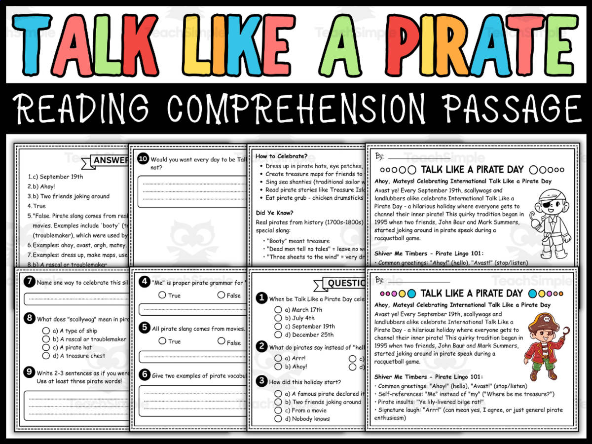 An educational teaching resource from Wonderland School entitled Talk Like a Pirate Day Passage | Reading Comprehension activity downloadable at Teach Simple.