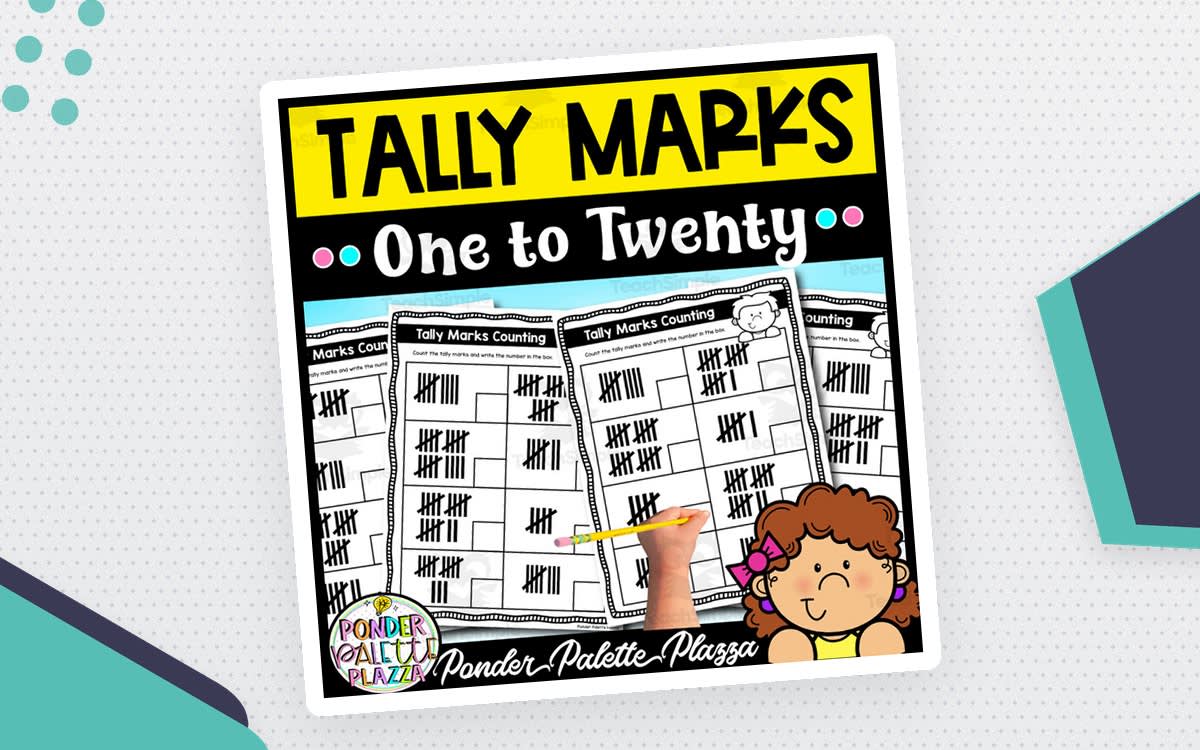 An educational teaching resource from Ponder Palette Plazza entitled Tally Marks Counting 1 to 20 – Practice Worksheet downloadable at Teach Simple.