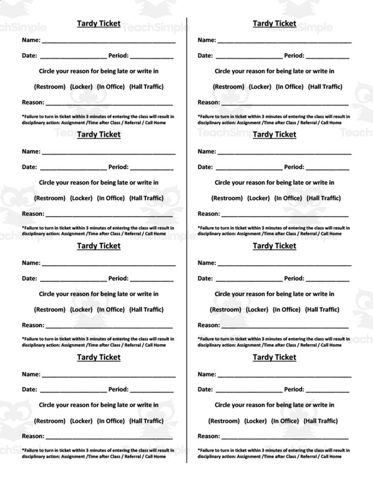 An educational teaching resource from DrDrew entitled Tardy Tickets downloadable at Teach Simple.