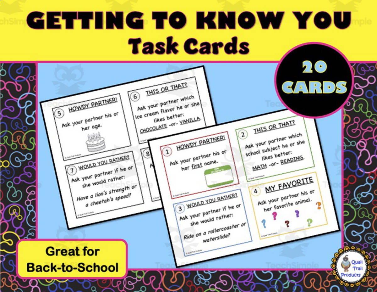 An educational teaching resource from Quail Trail Products entitled Task Cards: Getting to Know You Partner downloadable at Teach Simple.