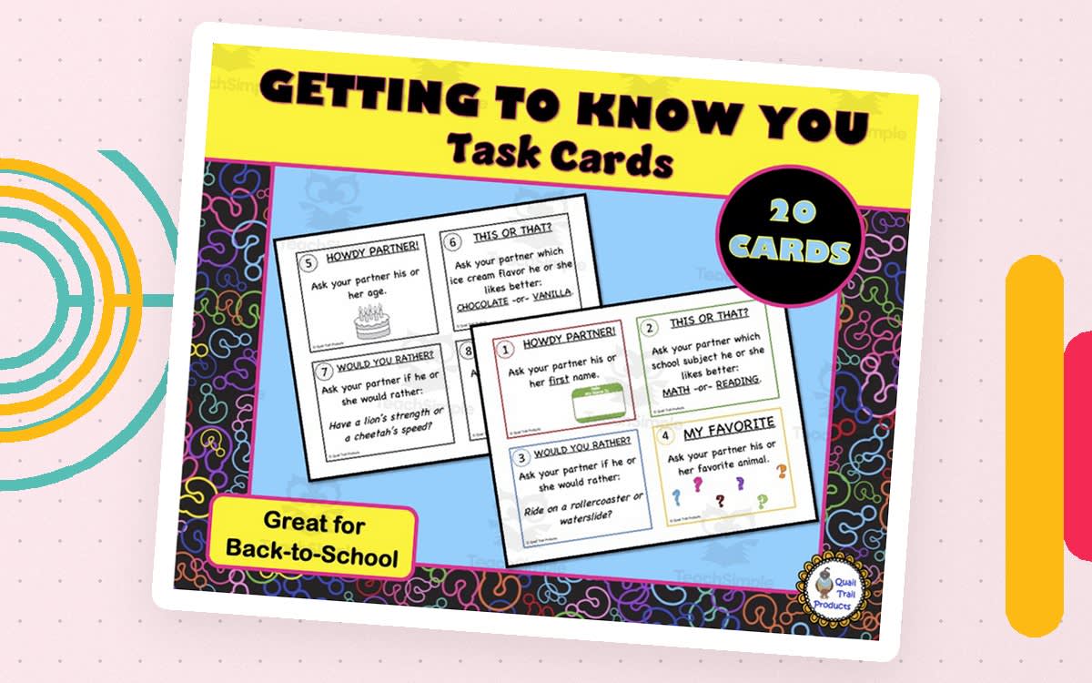 An educational teaching resource from Quail Trail Products entitled Task Cards: Getting to Know You Partner downloadable at Teach Simple.